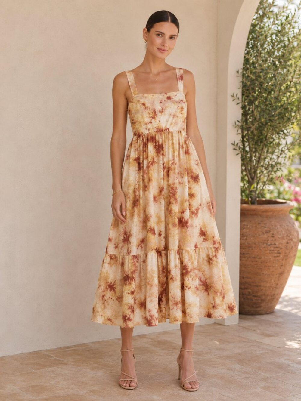 S/W/F 100% Tencel Tie Dye Midi Dress Smocked Tiered Full Skirt Sz S